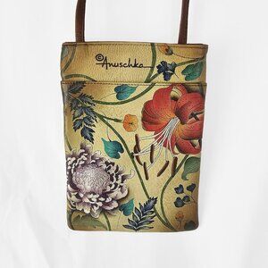 Anuschka Mini Double Zip Travel Crossbody Tan Floral Bag
